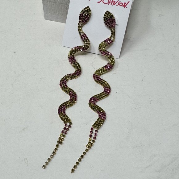 Betsey Johnson Slithering Rhinestone Long Snake Earrings Pink Pierced - Picture 2 of 3